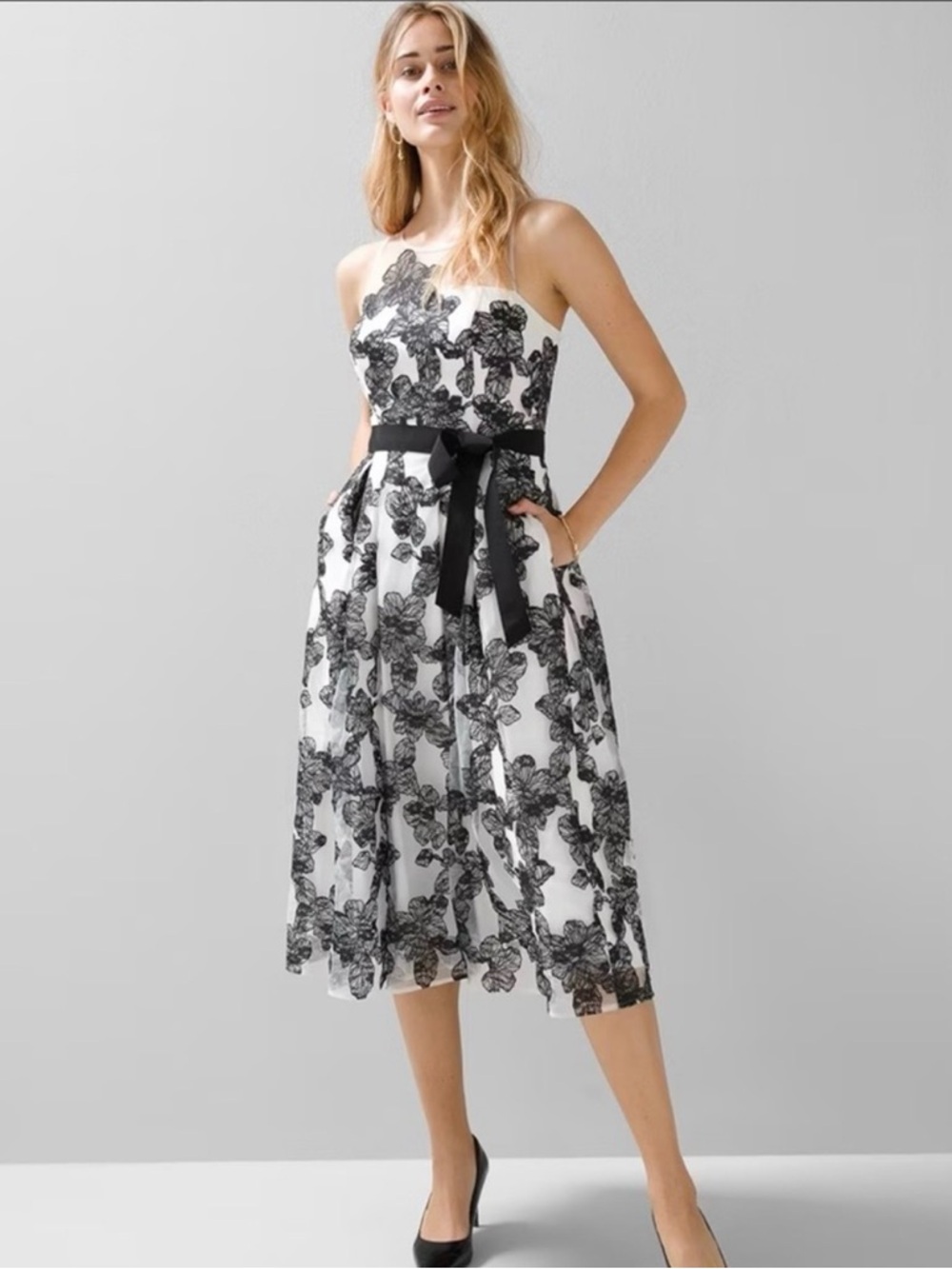 White House Black Market Strapless Black & White Lace-Overlay Midi Dress